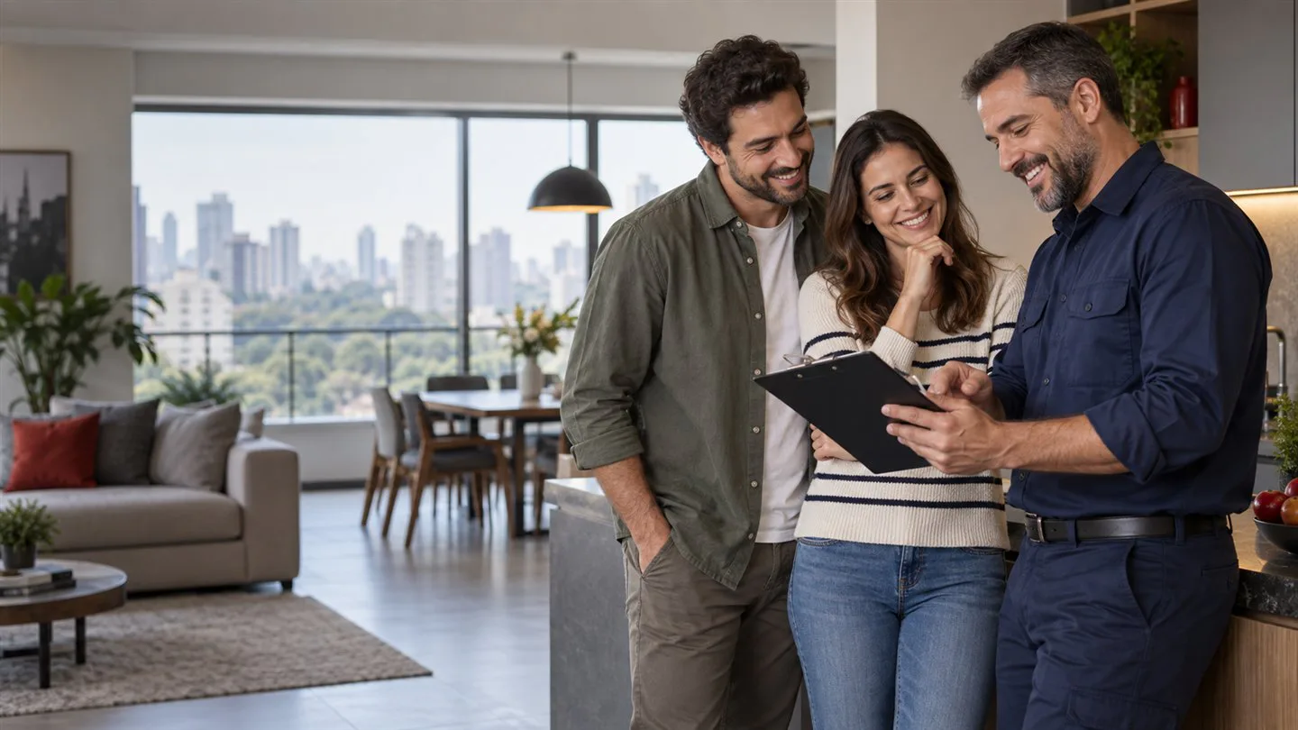 Casal conversando com um consultor em casa.
