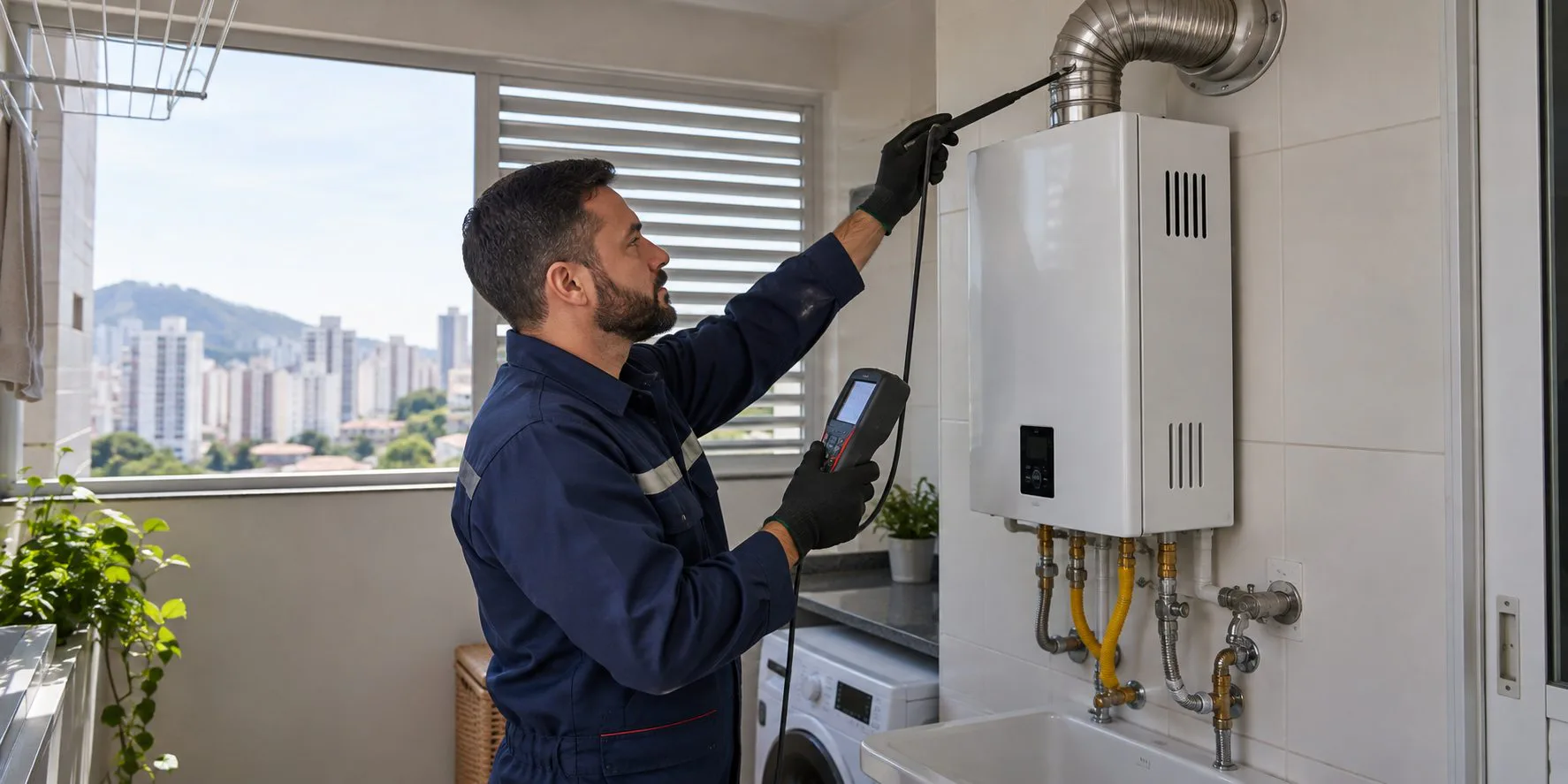 Técnico inspecionando o aquecedor a gás e o duto de exaustão com instrumento de medição.