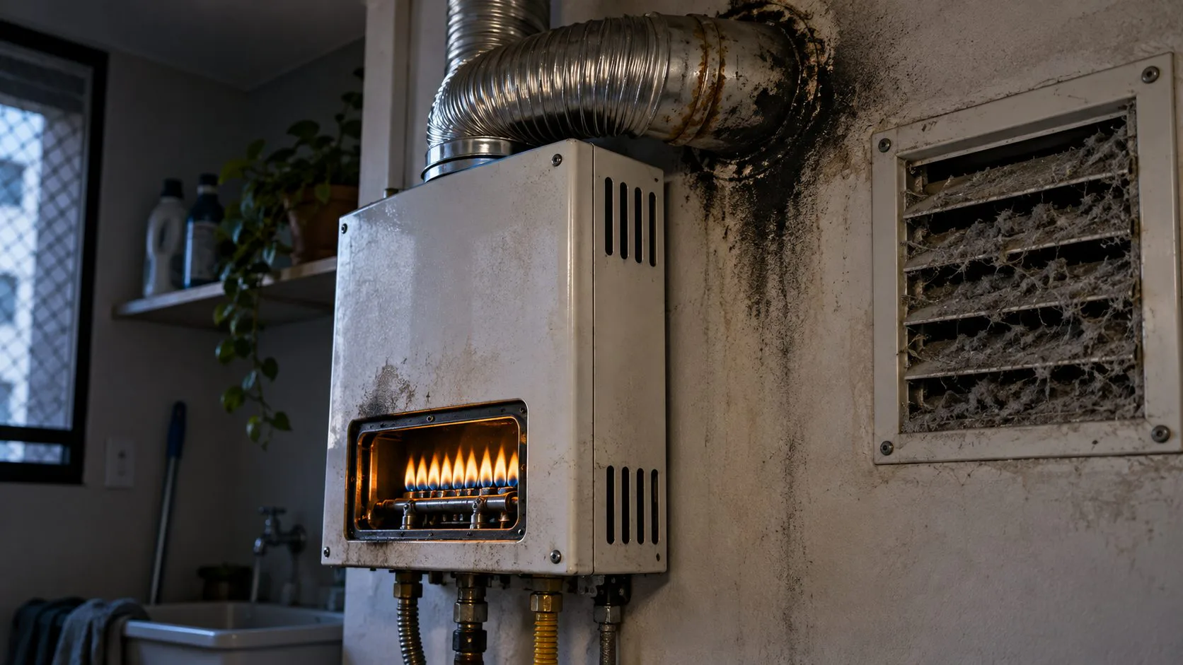 Aquecedor com sinais de alerta, incluindo fuligem, duto degradado e ventilação obstruída.